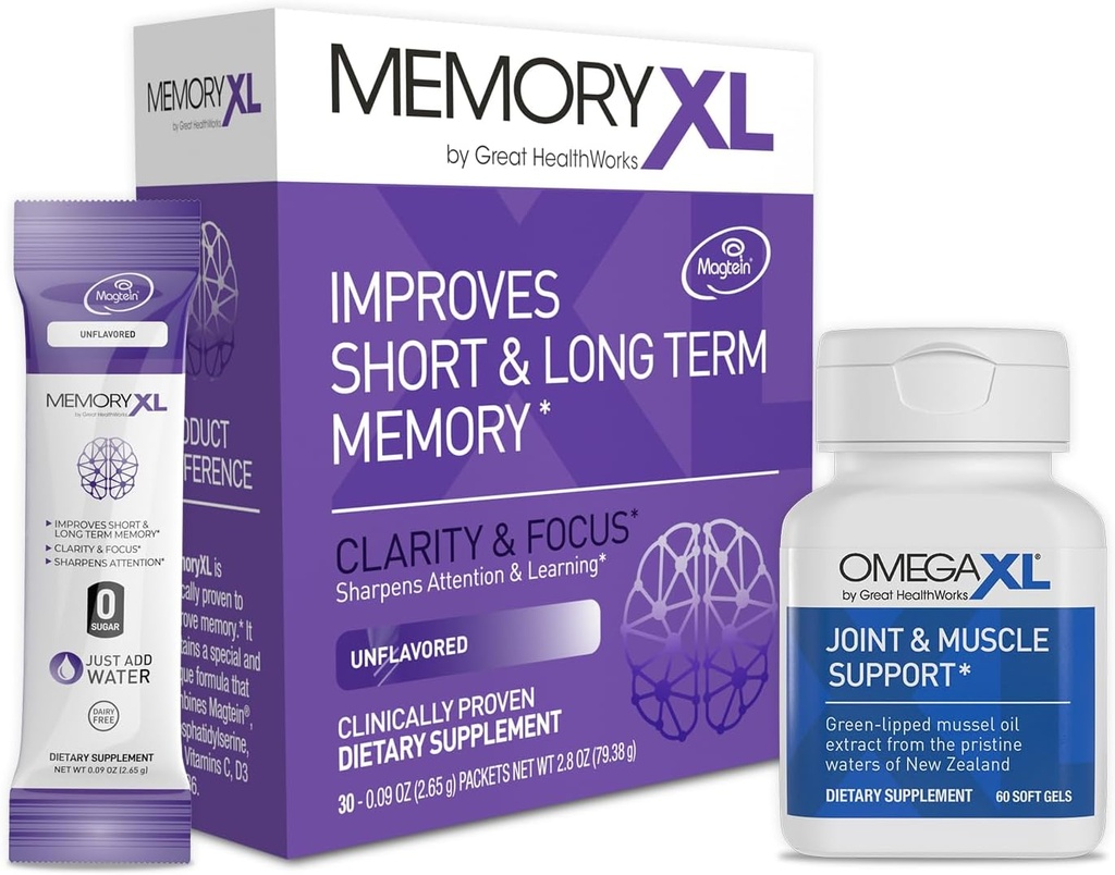 Supplément de soutien conjoint OmegaXL, pour le soulagement - Support musculaire naturel, Huile de moules à lèvre verte, 60 Count & MemoryXL, Magnésium L-Thréonate: Supplément Cerveau pour Mémoire & Focus Unservored 30 Pack