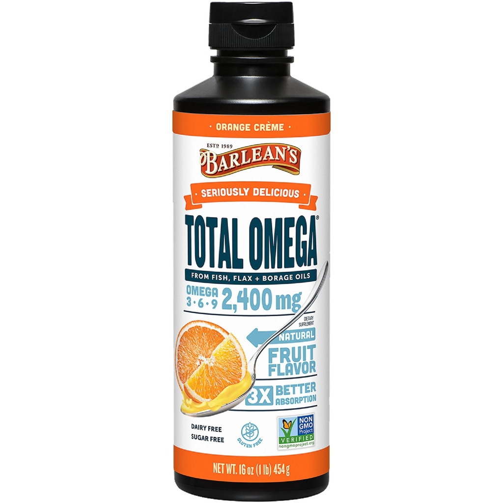 Barlean's Total Omega 3 6 9 Liquid Fish Oil Supplement with Borage and Flaxseed Oil, Orange Crème, 2.400 mg EPA, DHA und GLA Fettsäuren, 16 oz