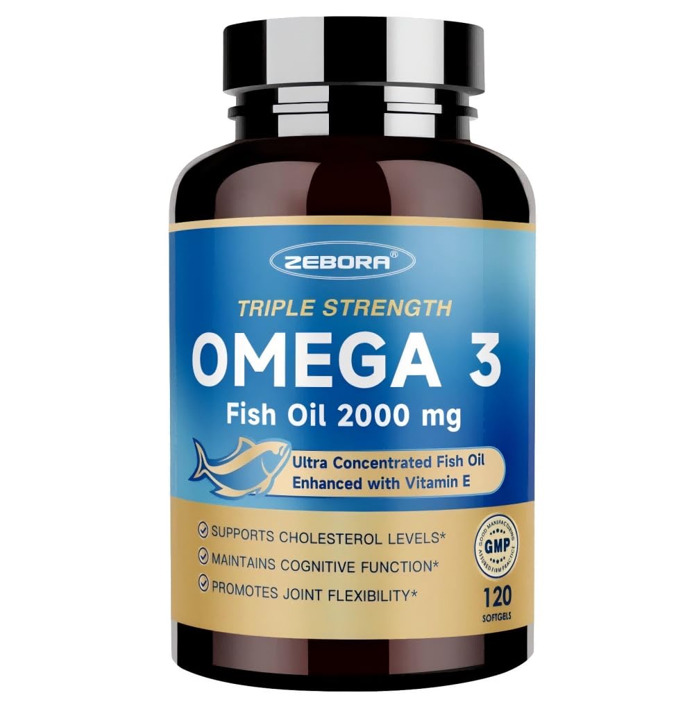 ZEBORA Triple Strength Omega-3 Fischöl 2000mg – rTG Omega 3 Ultra High-Potency – Unterstützt Herz, Gehirn, Auge, Haut & Immune Health – Fettsäuren EPA, DHA & DPA, 120 Softgels