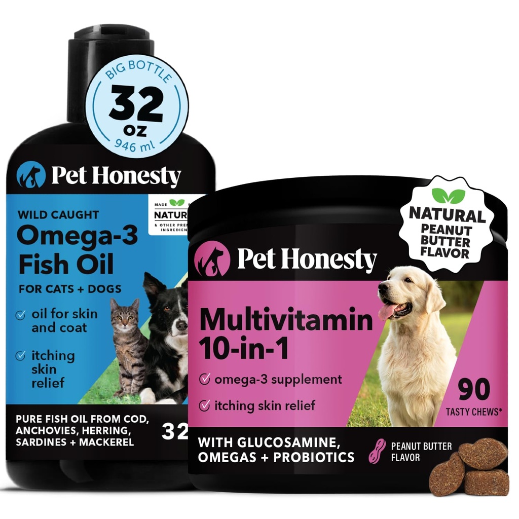 Omega 3 Fish Oil & Multivitamin Virtual Bundle: Wild Caught Omega 3 Supplement & Dog Vitamins with Glucosamine for Skin and Coat (32oz & Peanut Butter 90 ct)