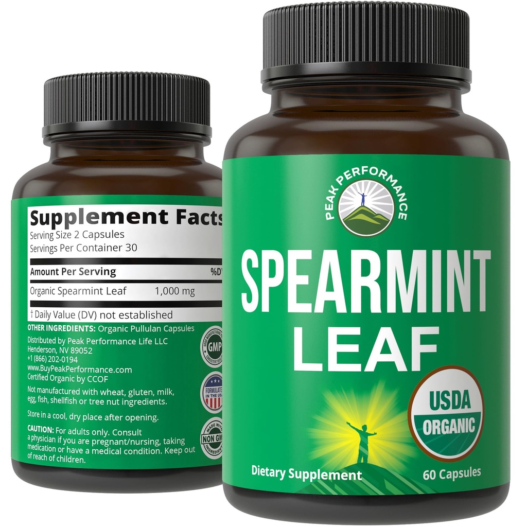 Peak Performance USDA Organic Spearmint Capsules. Organic Vegan Spearmint Leaf Pills for Digestive Support, Ingestion, and More. USA Tested Supplement for Women and Men.