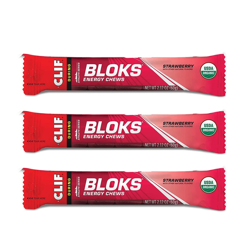 CLIF BLOKS - Chews énergétiques - Fraise- Non-OGM - Alimentation végétale - Carburant rapide pour le vélo et le snack de course (2.1 Ounce Packet, 3 comte)