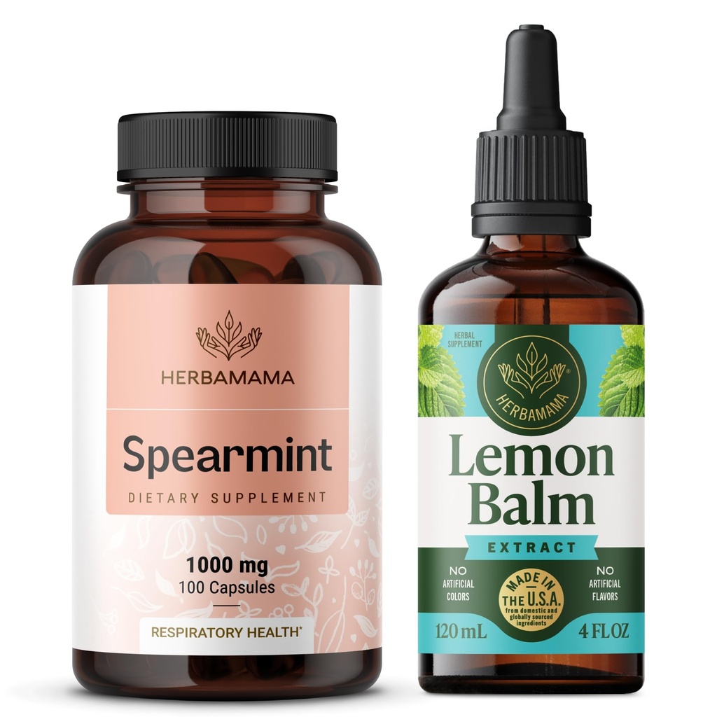 HERBAMAMA Spearmint and Lemon Balm Kit - Bundle of Speamint Leaf Capsules & Lemon Balm Tincture 4 fl oz - Vegan, Non-GMO, Sugar & Alcohol-Free - 2 Pack