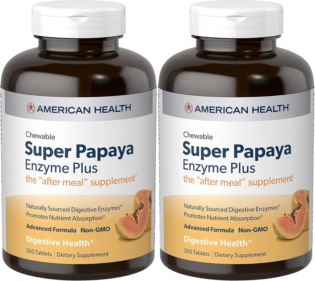 American Health Super Papaya Enzyme Plus Chewable Tablets, Natural Papaya Flavor - promuove la digestione e l'assorbimento dei nutrienti, contiene Papain & altri enzimi - 360 Conte - Confezione da 2
