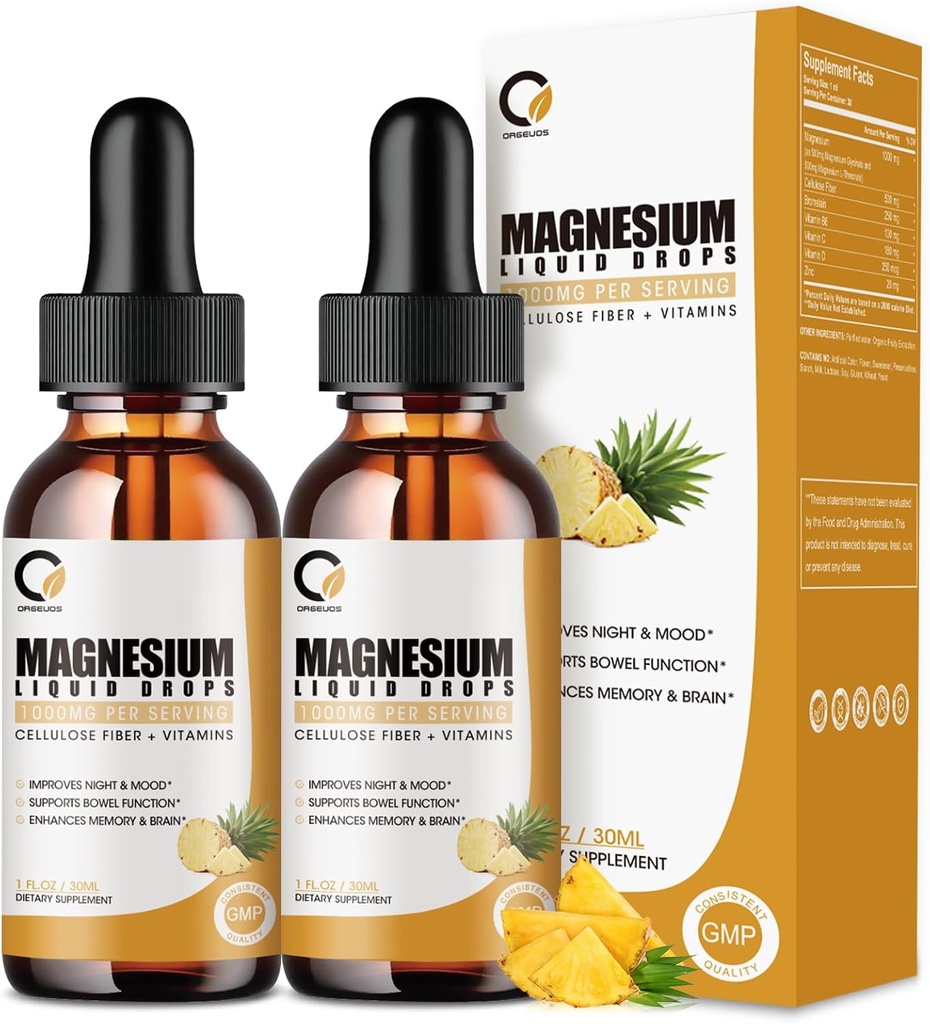 (2 Pack) Magnesium Glycinate Supplement Flüssige Tropfen für Frauen und Männer, 1000mg hohe Absorption mit Bromelain, Vitamin C, B6, D, Zink, für Calm Relax Muskel, Bowel Energy, Ananas Flavor