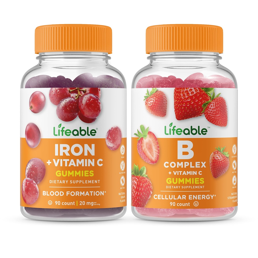 Lifeable Iron with Vitamin C + B Complex, Gummies Bundle - Great Tasting, Vitamin Supplement, Gluten Free, GMO Free, Chewable Gummy