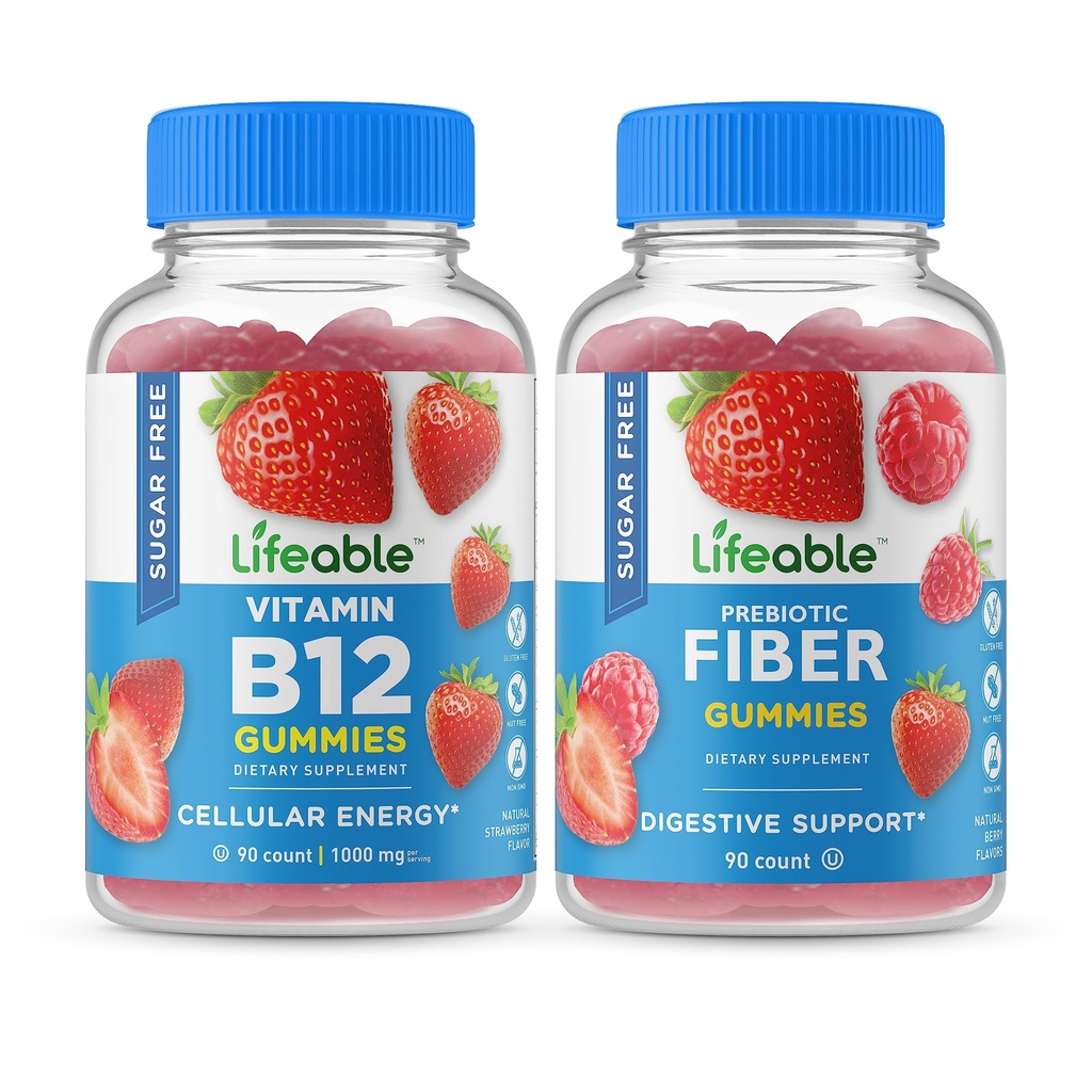 Lifeable Sugar Free Vitamin B12 + Prebiotic Fiber, Gummies Bundle - Great Tasting, Vitamin Supplement, Gluten Free, GMO Free, Chewable Gummy