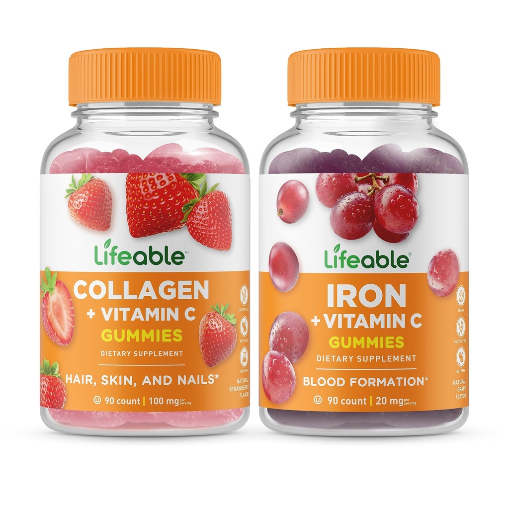 Lifeable Collagen & Vitamin C + Iron with Vitamin C, Gummies Bundle - Great Tasting, Vitamin Supplement, Gluten Free, GMO Free, Chewable Gummy