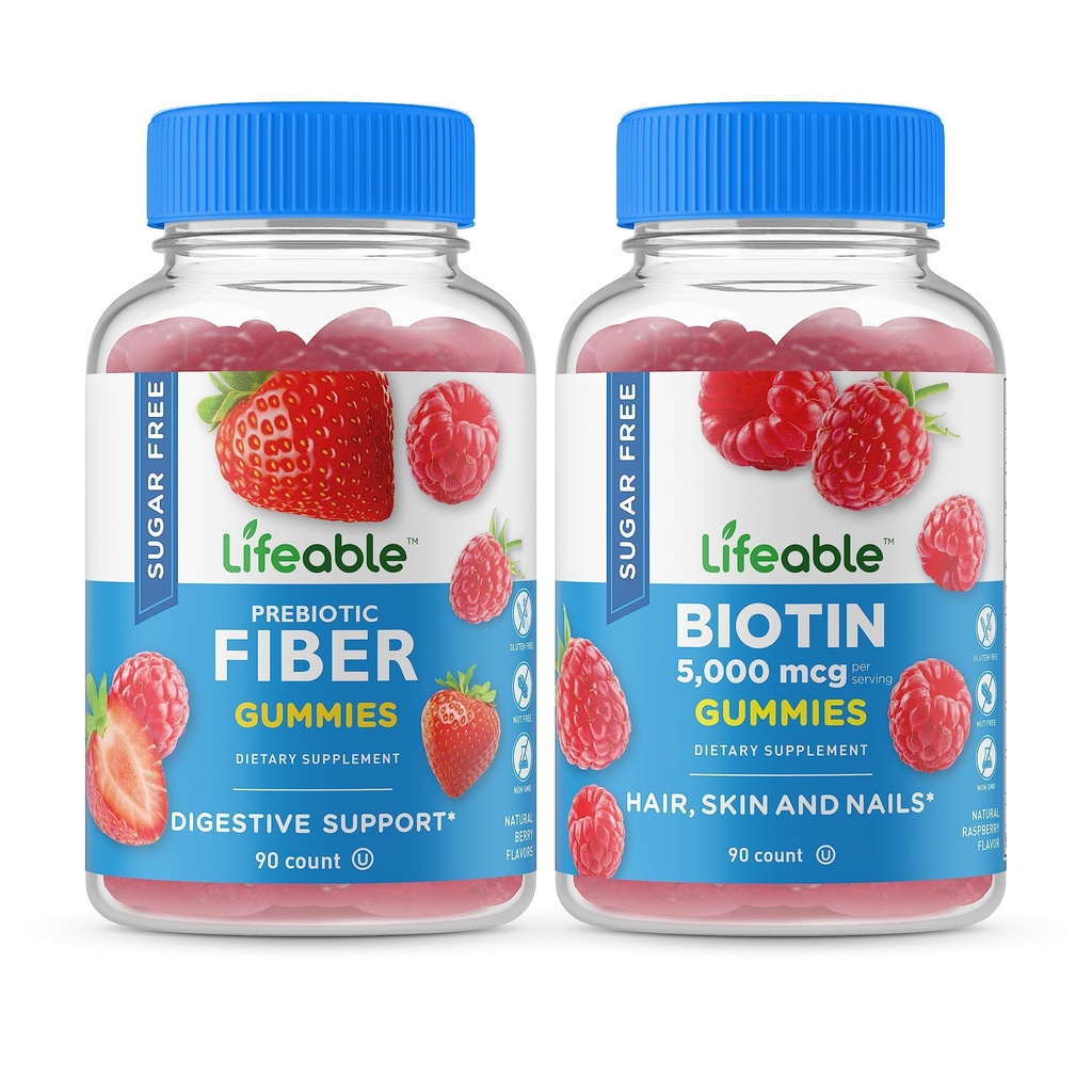 Lifeable Sugar Free Prebiotic Fiber + Biotin, Gummies Bundle - Great Tasting, Vitamin Supplement, Gluten Free, GMO Free, Chewable Gummy