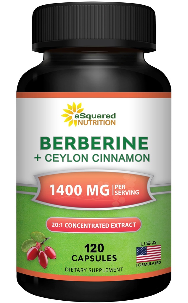 aSquared Nutrition Berberine with Ceylon Cinnamon Supplement - Max Strength Complex - 120 Capsules - Berberine HCl 1200mg Per Serving - Premium Extract Plus Pills Alternative to Gummies & Drops