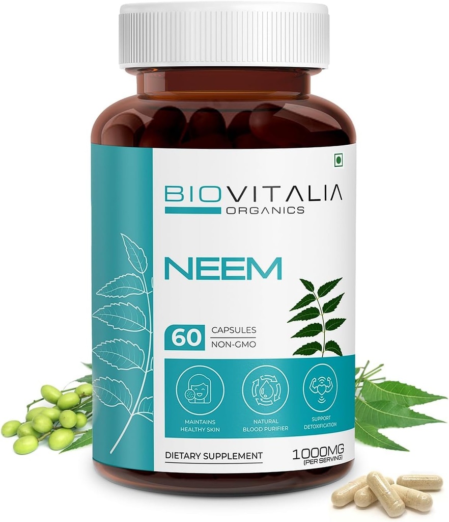Biovitalia Plant Based Neem 1000mg Capsule per Uomo e Donne | Integratore alimentare | Supporto Sanitario & Promuovi la disintossicazione - 60 capsule vegane