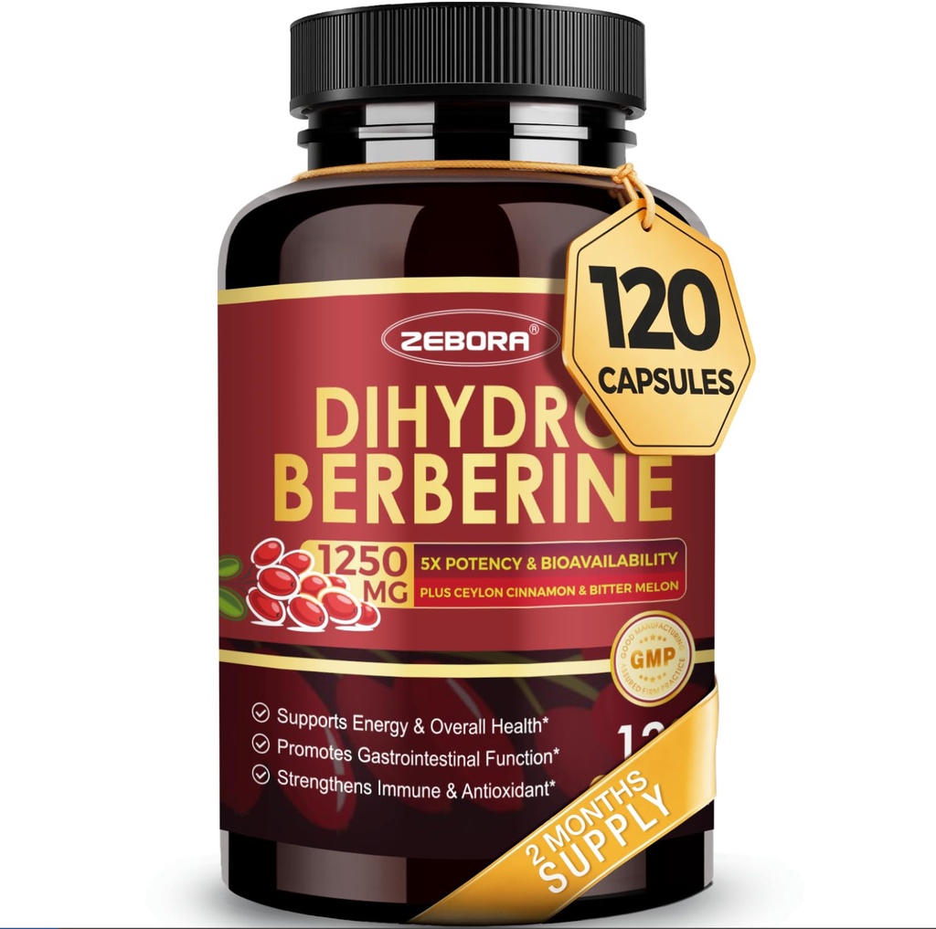 ZEBORA Dihydroberberine 1250mg, Berberine Supplement with Ceylon Cinnamon, Bitter Melon, R-ALA, 5X Potency & Bioavailability - Supports Immune, Digestion & Heart Health, Non-GMO, 120 Capsules