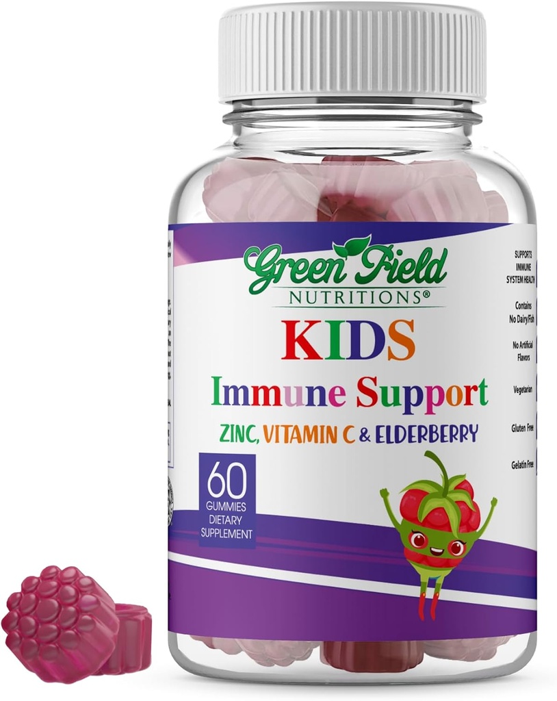 Greenfield Nutritions Halal Immune Support Elderberry Gummies for Kids - Supporta naturalmente il tuo sistema immunitario con Halal Zinc e Vitamina C Gummy Halal Vitamins - 60 Delicious Kids Gummy Vitamins