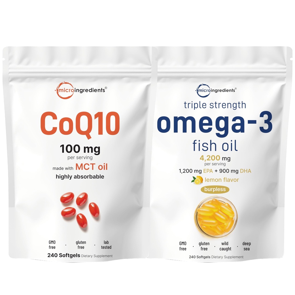 Micro Ingredients Omega-3 Fish Oil 4,200mg & CoQ10 100mg Softgels Bundle 2 Pack | Wild-Caught Fish, Burpless, Lemon Flavor | High Absorption Ubiquinone with Coconut MCT Oil