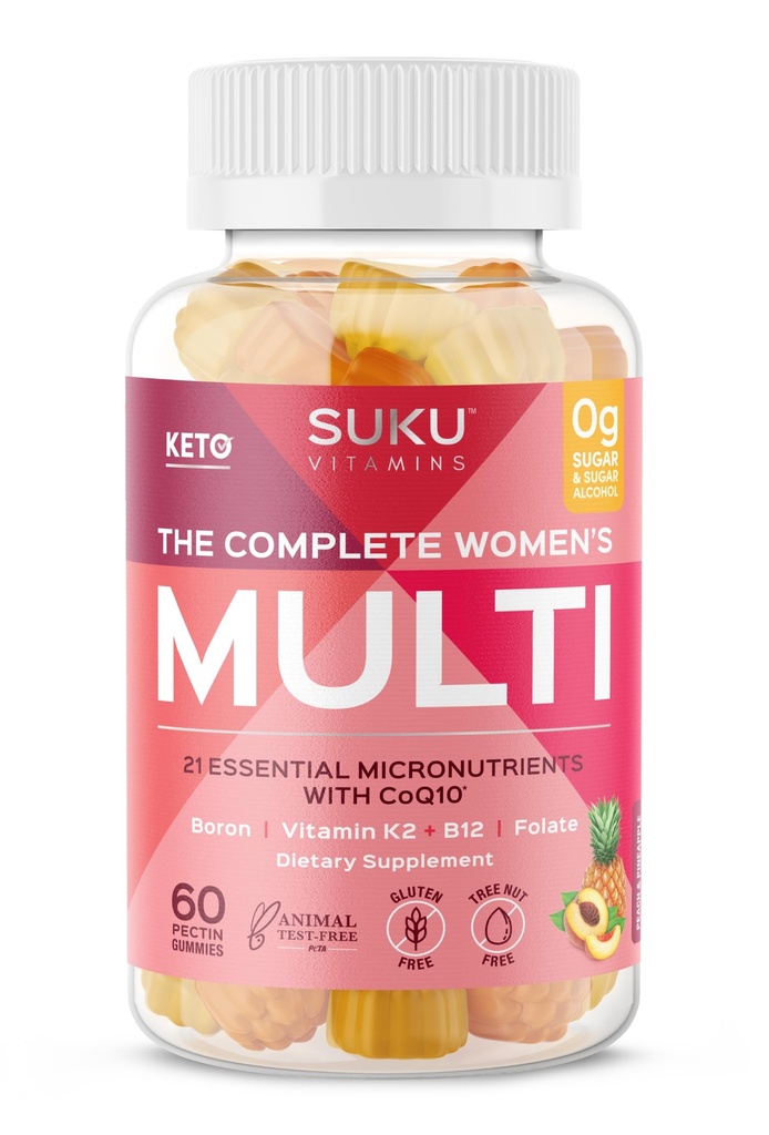Vitamines SUKU - Multi femme complète - avec Boron, vitamine K2, B12, A et plus pour la santé des femmes - Facile à mâcher - Sans OGM, sans sucre de gluten - Vitamines Gummy aromatisées aux ananas et aux pêches, 60 Nombre