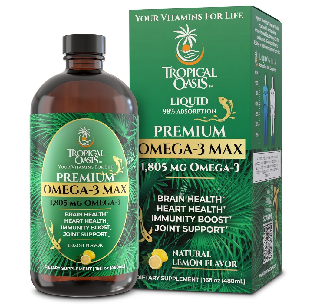 Premium Omega-3 Fish Oil Liquid Supplement | 1805mg EPA & DHA per Serving | Brain, Heart & Joint Support | High Absorption, No Fishy Burps | Natural Lemon Flavor | 16.1oz | 96 Servings