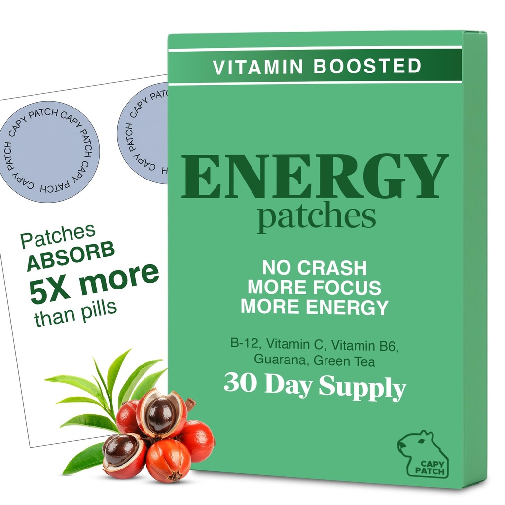 B12 Vitamin Energy Patch with Caffeine, Green Tea Extract & Guarana (30 Count) | Caffeine, Vitamin B6 & B3 for Focus & Energy | 12-Hour Plant-Based Boost