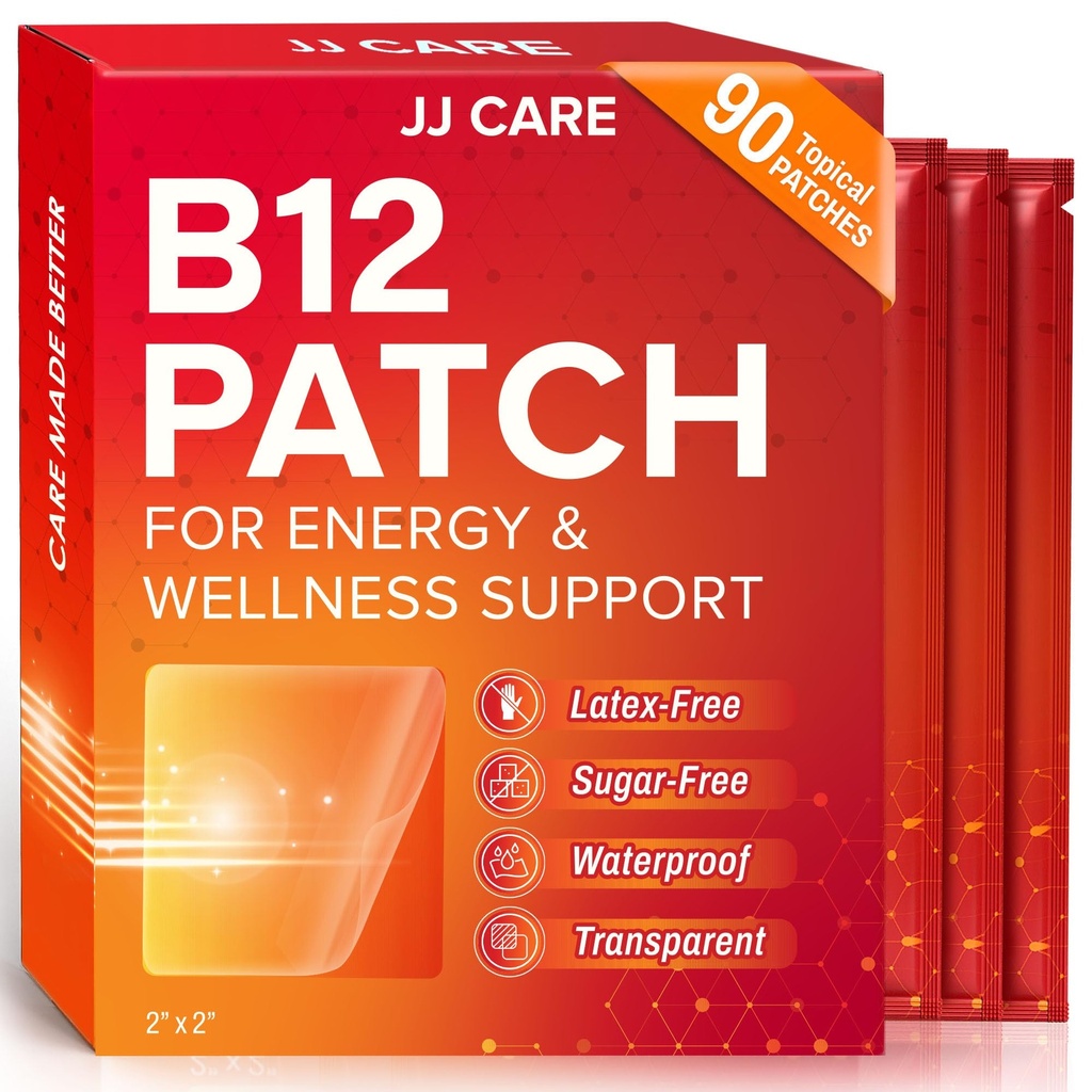 JJ CARE B12 Patch (Pack of 90), Self-Adhesive Natural Blend Topical Daily B12 Energy Patches, 3 Months Supply