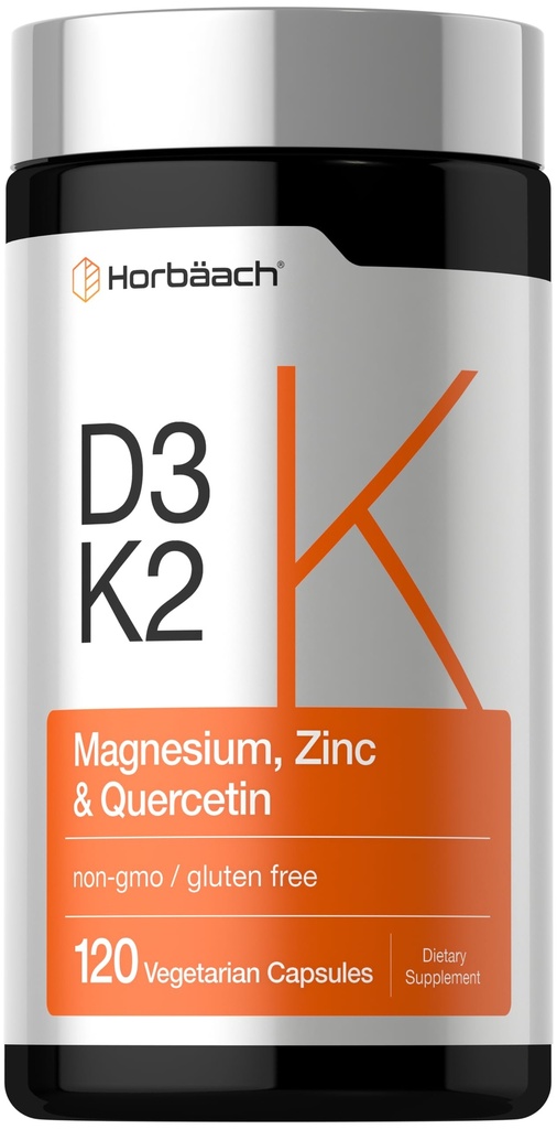 Horbäach Vitamin D3 K2 | 5000 IU D3 | 120 Kapseln | mit Magnesium, Zink und Quercetin | Vegetarische, nicht-GVO, glutenfreie Ergänzung