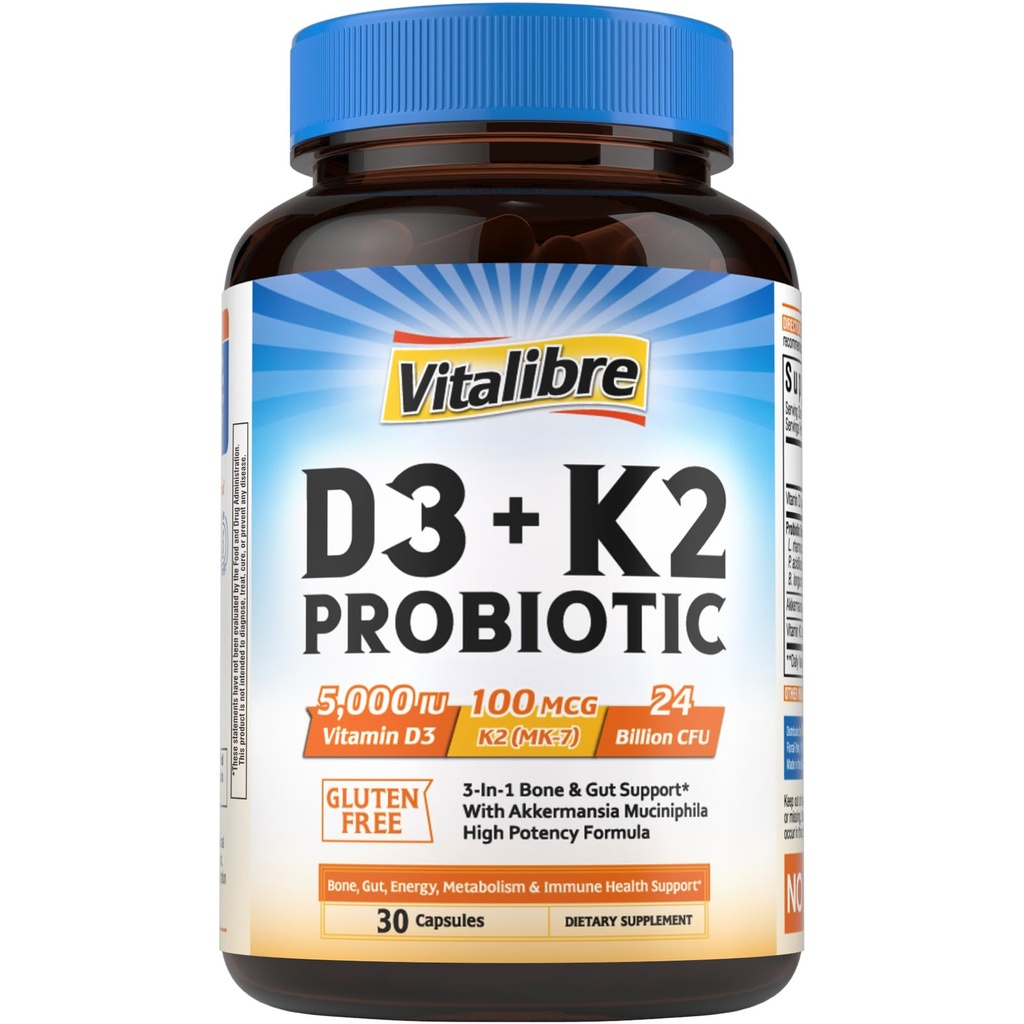 Vitalibre D3 K2 Probiotische Ergänzung, Vitamin D3 5000 IE & K2 100 mcg, mit Probiotika für Frauen & Männer, Akkermansia Muciniphila, Knochen, Gut & Immune Support, Nicht-GVO, leicht zu schlucken, 30 Kapseln