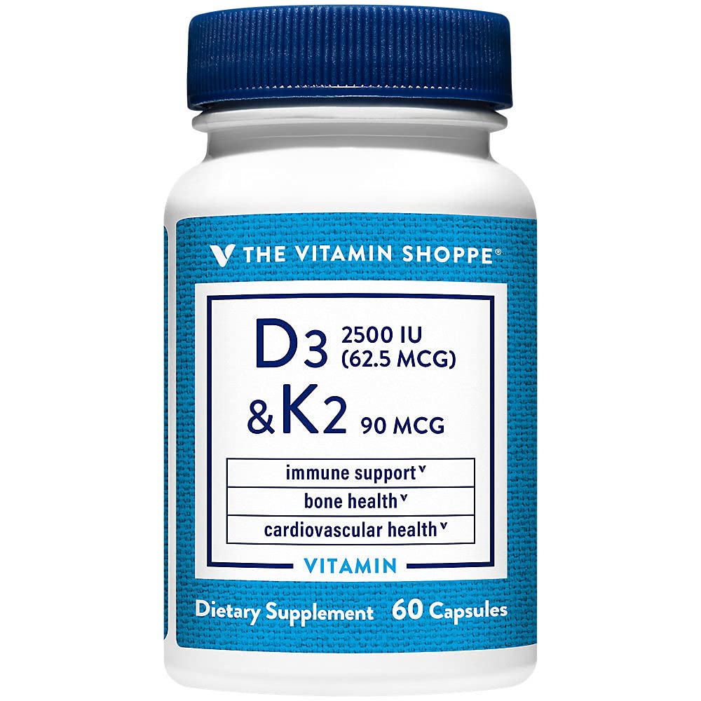 Das Vitamin Shoppe Vitamin D3 K2 2500 IE - Knochendichte & Herzgesundheit | D3 + K2 MK-7 | 60 Kapseln | Synergistische Formel