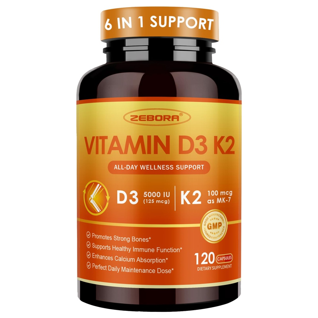 ZEBORA Vitamin D3 K2 5000 IU, 6-in-1 D3K2 Supplements for Bone & Immune Support, with Magnesium, Calcium, Phosphorus & Vitamin C, Maximum Strength for Men & Women, 120 Capsules