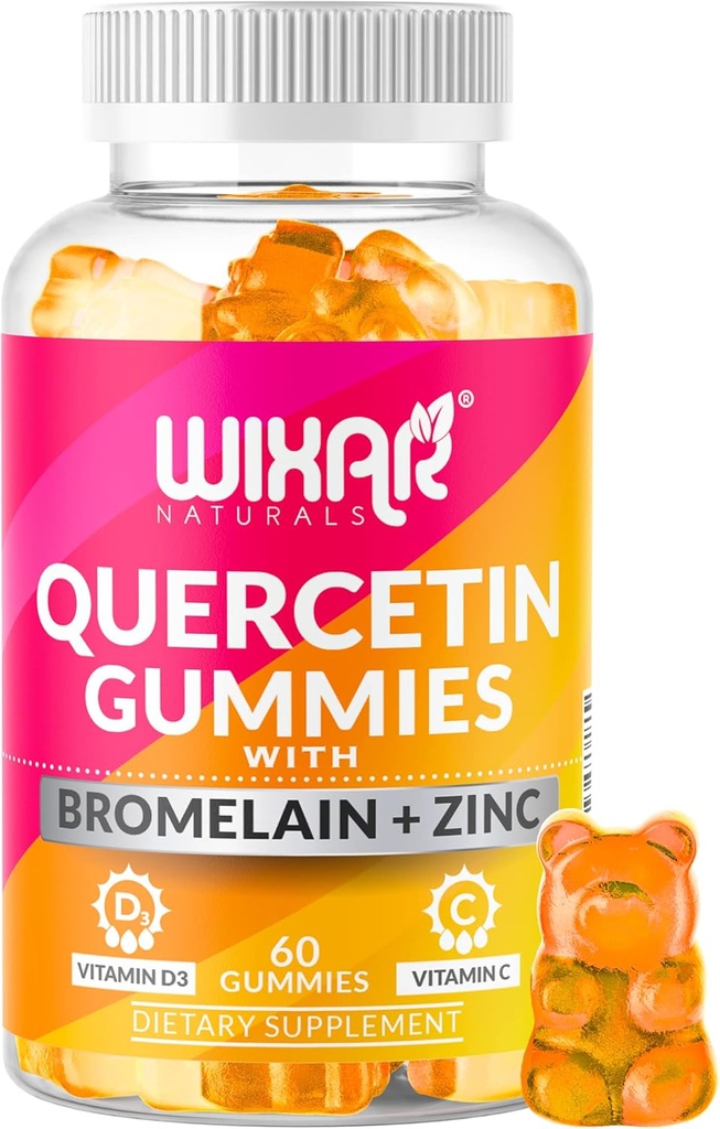 Quercetin Gummies - Quercetin 500mg mit Bromelain, Zink, Vitamin C&D3 - Quercetin Gummy Beilagen für Immununterstützung und Allergie - Immunität Booster Vitamins Supplement – 60 Kaubare