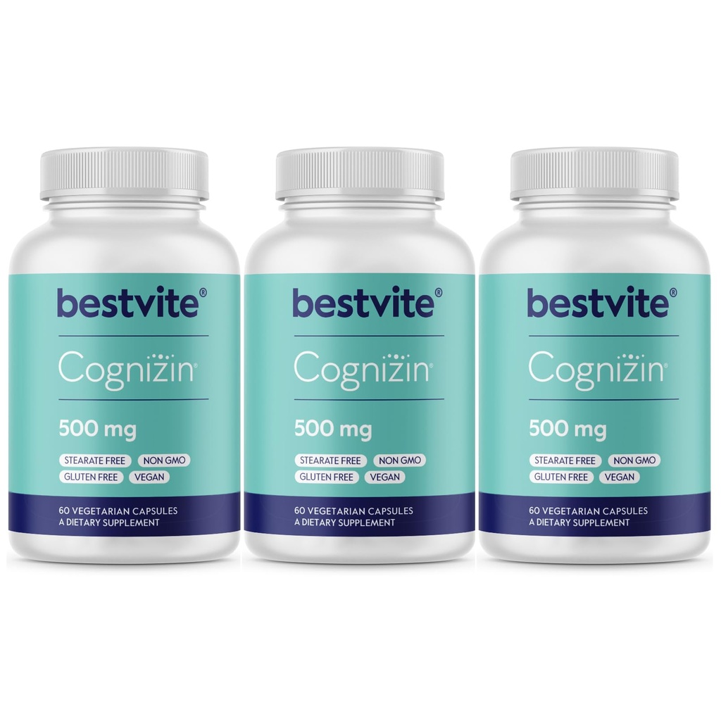 BESTVITE Cognizin Citicoline 500mg (180 vegetarische Kapseln) (60x3) - Klinisch untersucht Premium Choline Nootropic - No Stearates - Vegan - Glutenfrei - Brain Ergänzungen für Gedächtnis und Fokus