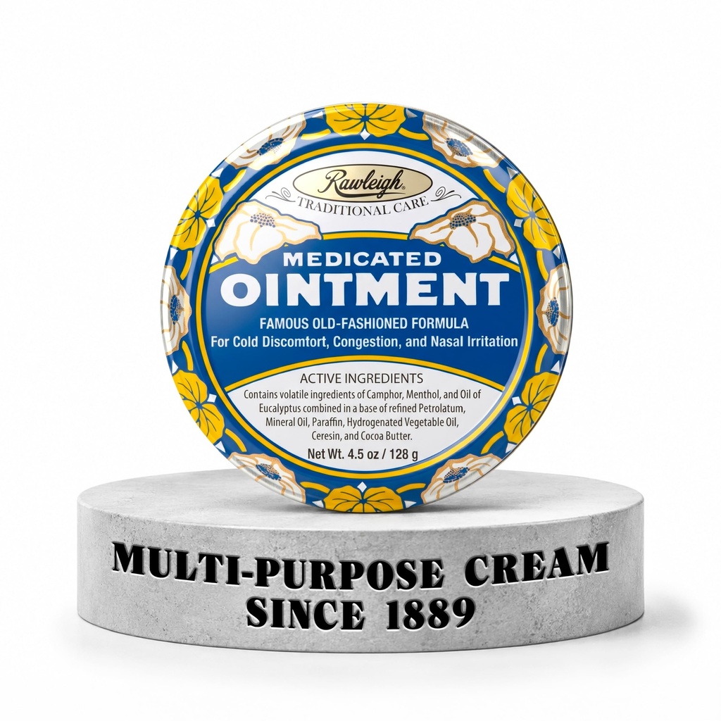 Rawleigh Medicated Ointment: 4.5 oz Blue Tin, Erwachsene & Kinder: Thematischer Chest Rub für Kälte, Nasal Congestion, Minor Aches and Pain, mit Camphor, Menthol & Eucalyptus, Non-Greasy Formula - Pack of 1