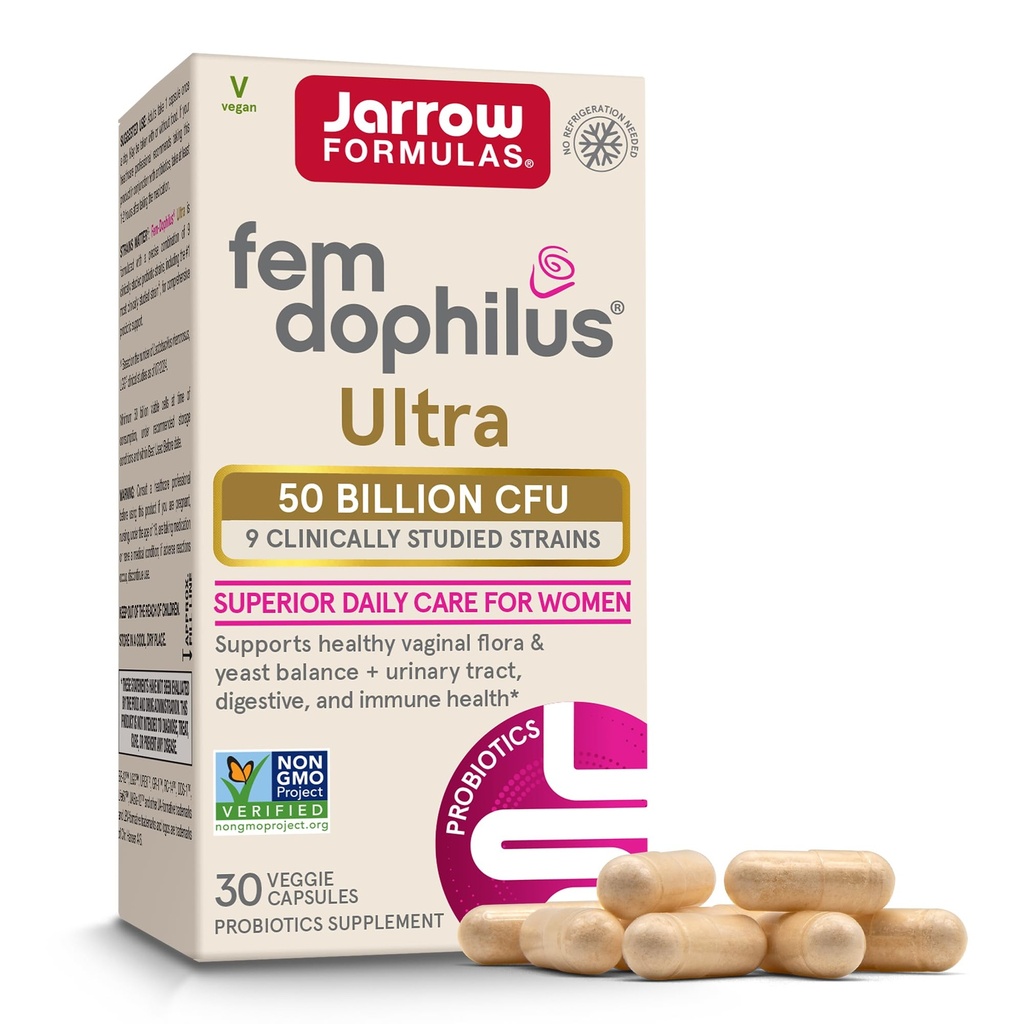 Jarrow Formulas Fem-Dophilus Vaginal & Digestive Probiotic 50 Billion CFU, 9 klinisch-Studied Strains, für Vaginal Flora & Yeast Balance, Urinary Tract, Digestive, & Immune Support, 30 Kapseln