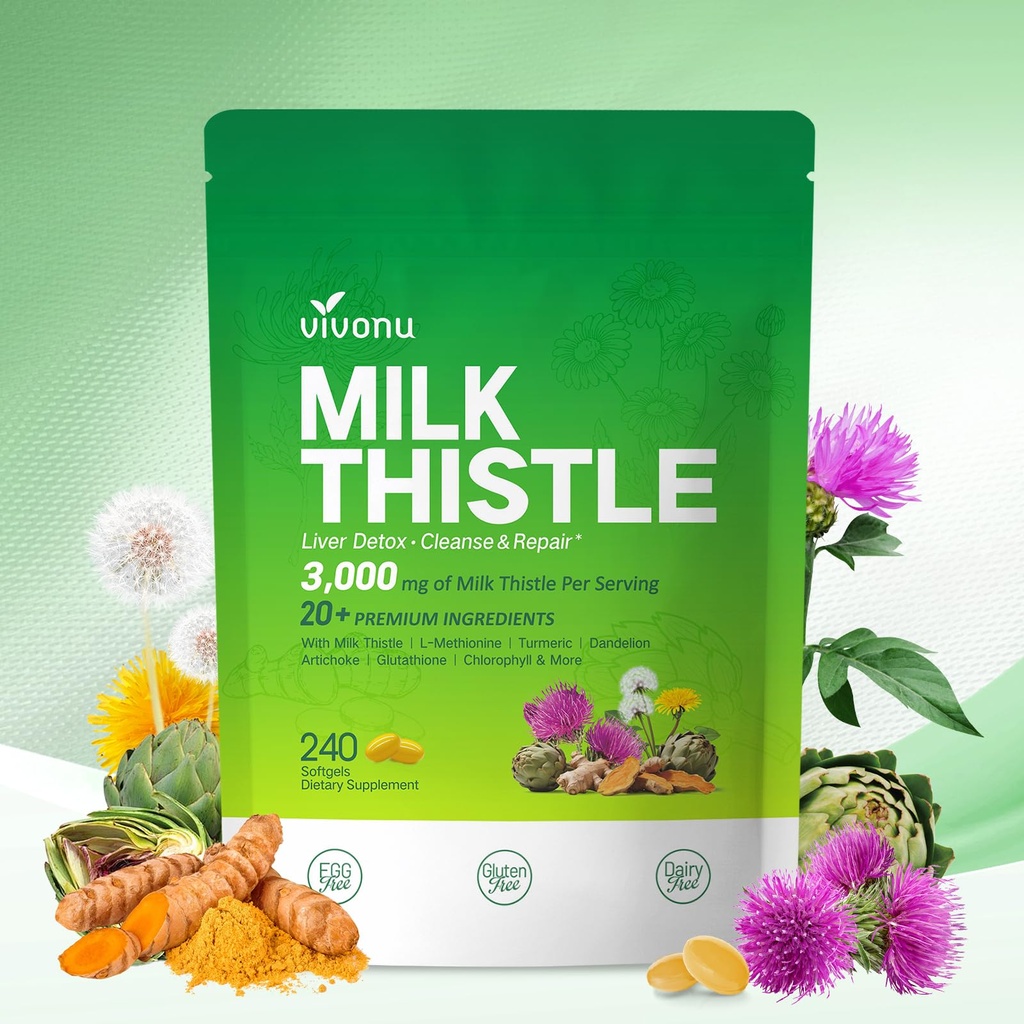 Milk Thistle Liver Detox Capsules, 3000mg Liver Cleanse Detox & Repair, 20-in-1 Advanced Support Complex mit Milchdistel, NAD, NAC, ALA, Dandelion,Glutathione, Artichoke, Turmeric, Mehr 240 Softgels