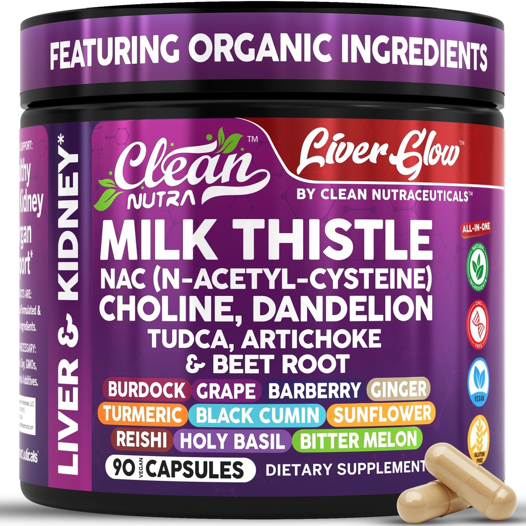 Nettoyer le lait biologique Nutra supplément de chardon de foie Nettoyer la désintoxication et la réparation + NAC Choline Dandelion racine TUDCA Artichoke Beet Root Burdock Basil Holy Rein & Liver Support 90 Capsules végétaliennes