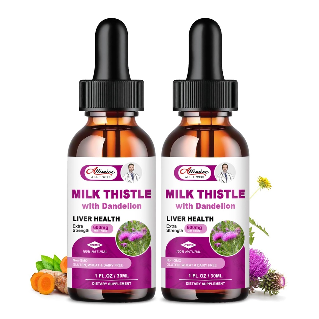 Soins de santé du foie Liquide 2 Pack 600mg Thistle de lait 80% Extrait de silymarin et 250mg Extrait de racine de dandelion, Nettoyez le foie Détox et réparez formule de foie gras, végétalien, non-OGM et tout-naturel