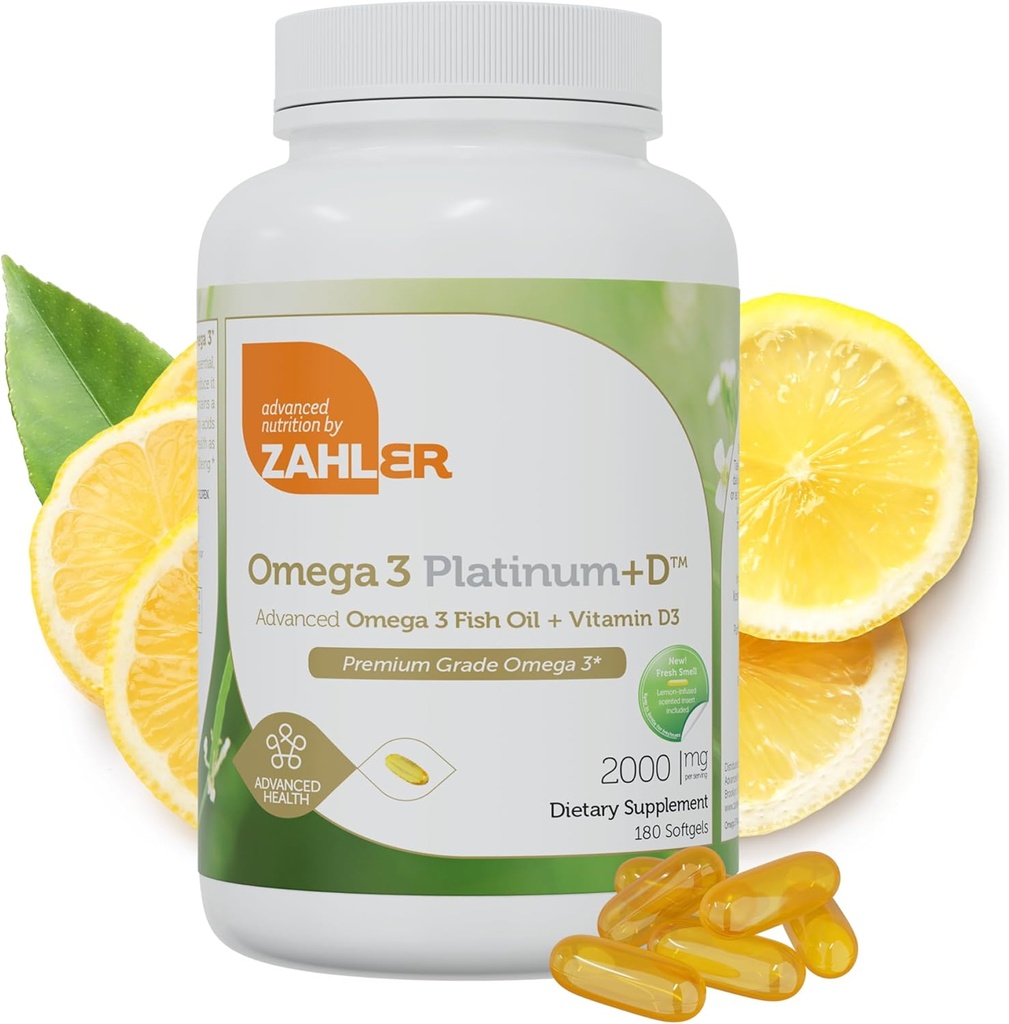 Zahler Omega 3 Platinum +D, All-Natural Pure Fish Oil Supplement, Burpless Softgel con No Fishy Aftertaste, Più alto in EPA e DHA, Certificato Kosher, 180 Softgels