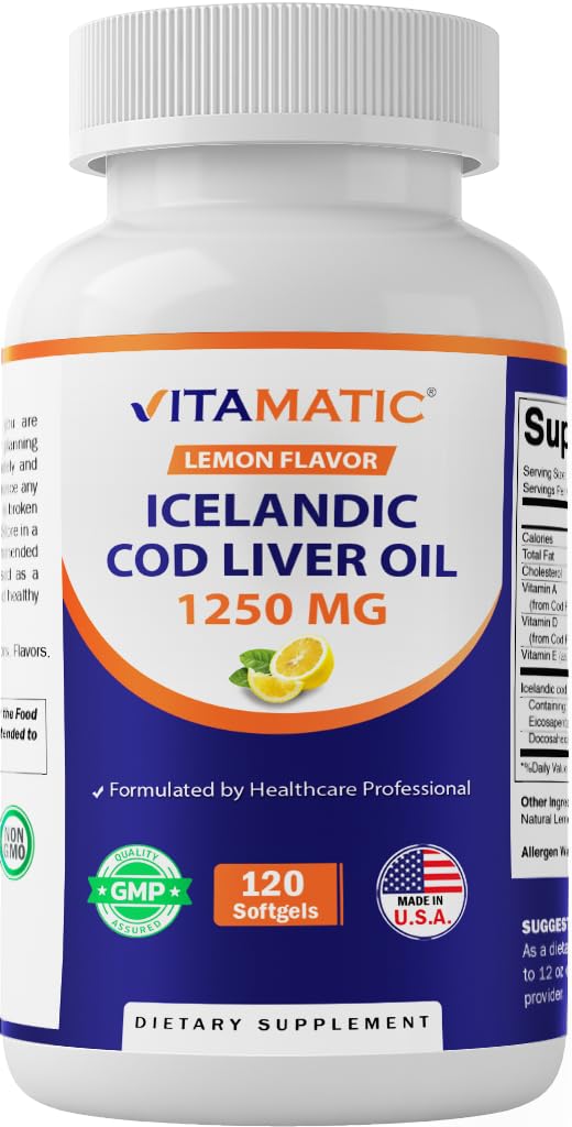 Vitamatic Icelandic Cod Liver Oil Capsules 1250mg 120 Softgels (Lemon Flavor) - Promotes Cardiovascular Health