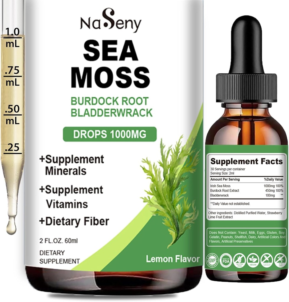 Gocce liquide del moss del mare - Alto assorbimento Irlandese 1000 mg supplemento di mare di mosss Ricco di vitamina & minerale per la digestione immunitaria & aroma di energia-lemone
