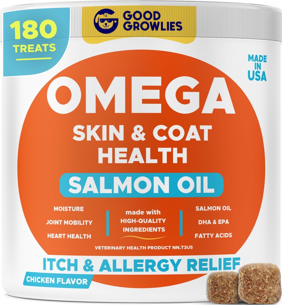 Omega 3 Fish Oil for Dogs (180 Ct) - Skin & Coat Chews - Dry & Itchy Skin Relief + Allergy Support - Shiny Coats - EPA&DHA Grassty Acids - Natural Salmon Oil Chews promuove cuore, Hip & Joint Support