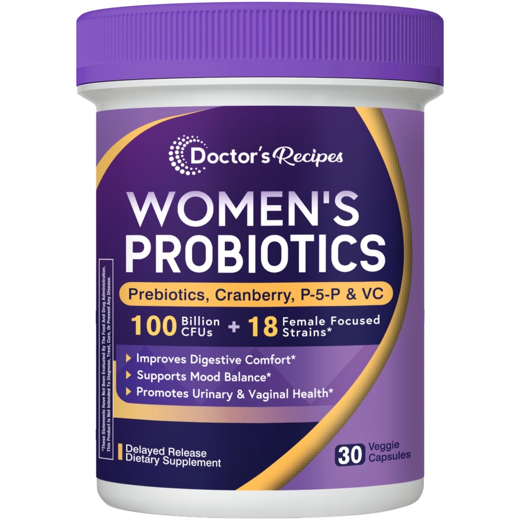 Probiotici per le donne, 100 miliardi di CFU, 18 Probiotici Strains, Prebiotici, Mirtillo, P-5-P & VC, Vaginal, Digestivo & Immune Support, Shelf-Stable, 30 Vegan Caps