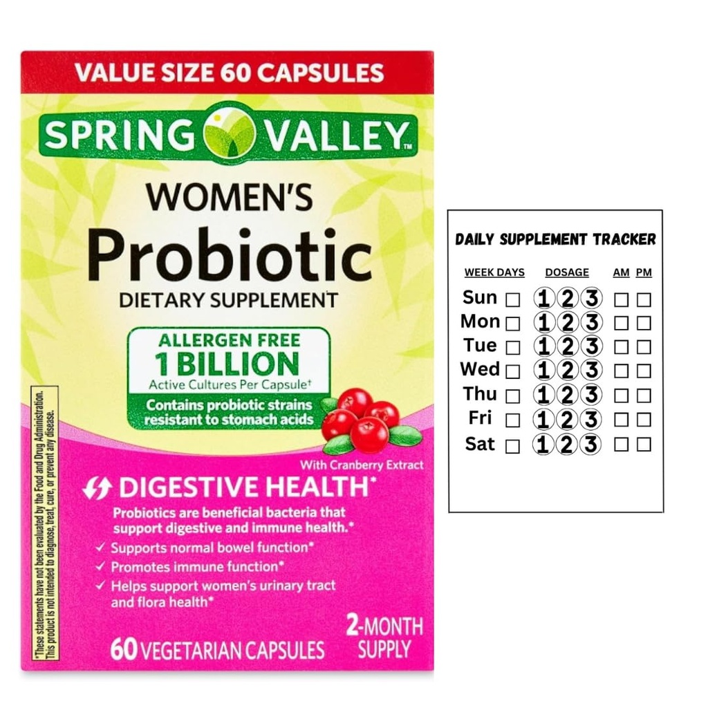 Spring Valley Women's Probiotic Dietary Supplement Vegetarian Capsules for Digestive Health, Cranberry, 60 Count Value Size + Daily Supplement Tracker Sticker