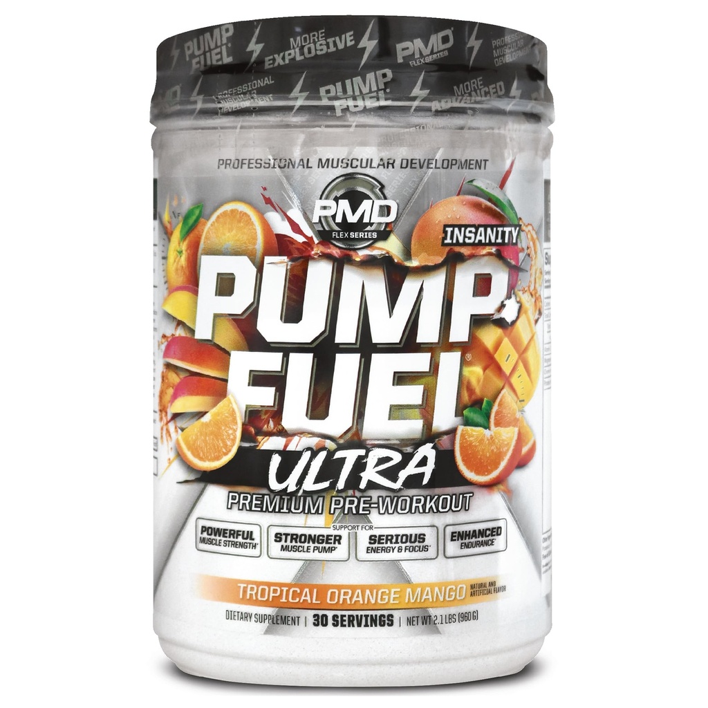 Pompa sportiva PMD Fuel Ultra Insanity - Premium Pre Workout Powder & Muscle Pump, Maggiore messa a fuoco, Endurance & Recovery, Premium Creatine, Arginine & Beta Alanine, Tropical Orange Mango (30 Serve)