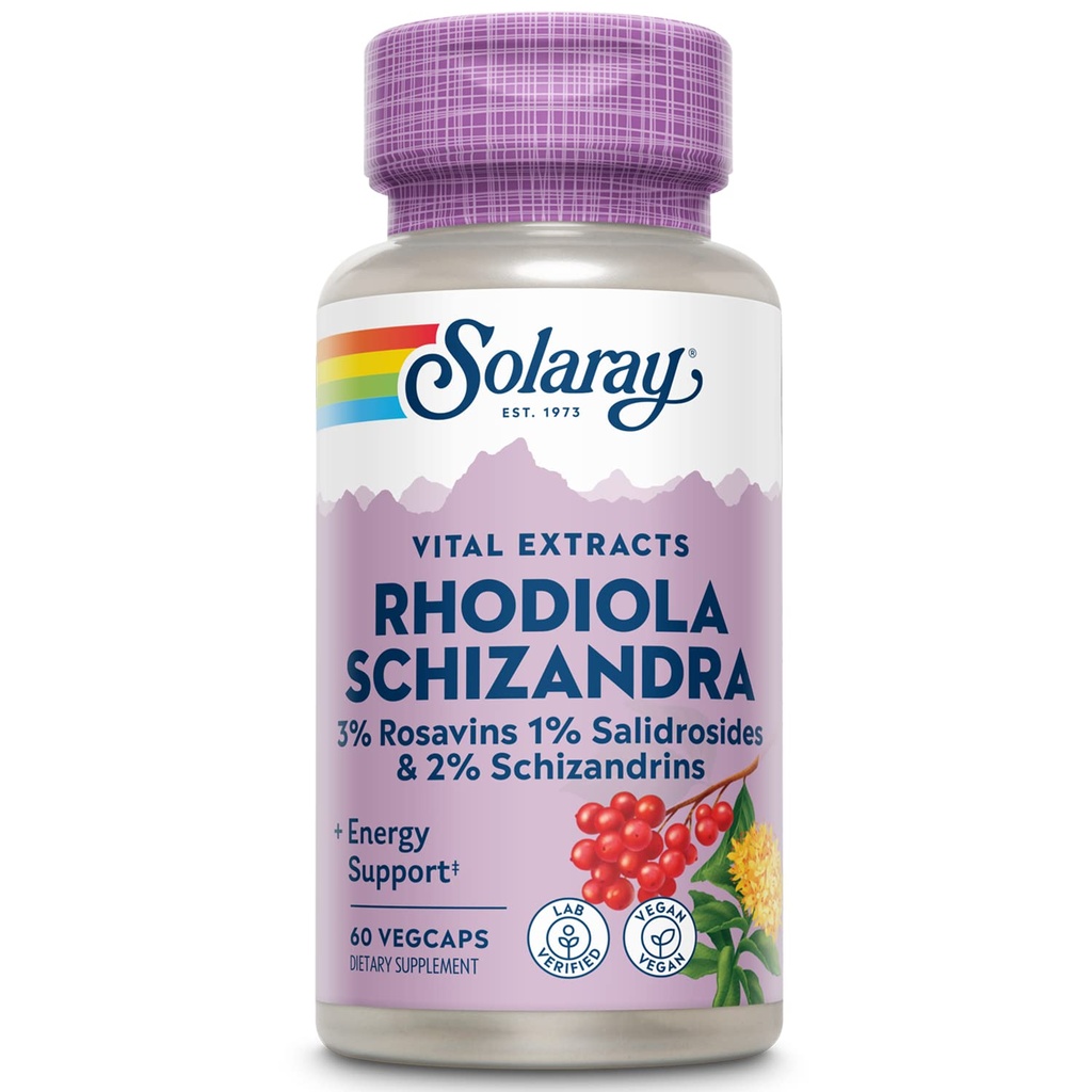 SOLARAY Rhodiola Schizandra - Rhodiola Rosea Extract - Energy Support e Occasional Stress Relief Supplement - Vegan, Lab Verified, 60-Day Guarantee - 60 Servings, 60 VegCaps
