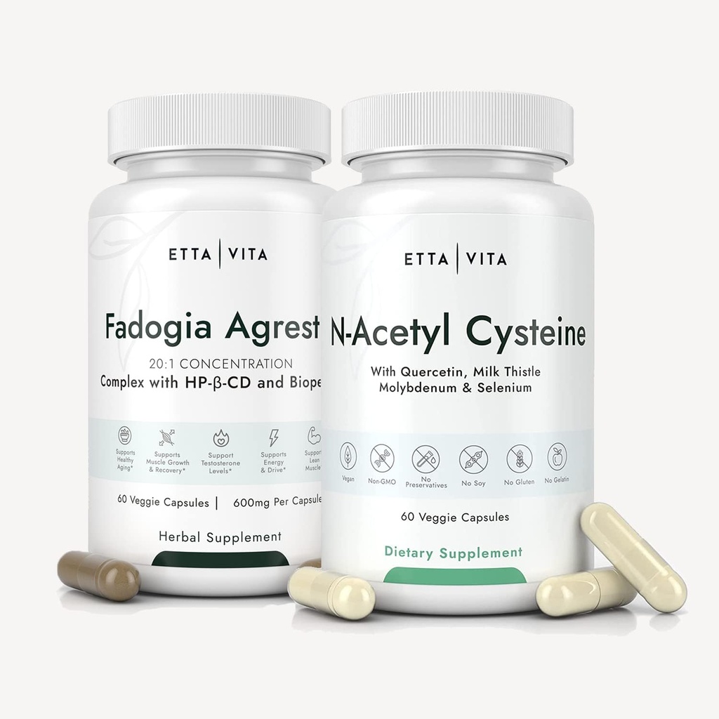 Etta Vita Fadogia Agrestis 600mg + N-Acetyl Cystein 600mg Bundle, 3X Absorbency mit BioPerine & HP-β-CD in Fadogia Agrestis, NAC Supplement mit Quercetin, Milk Thistle, Molybdän & Selen