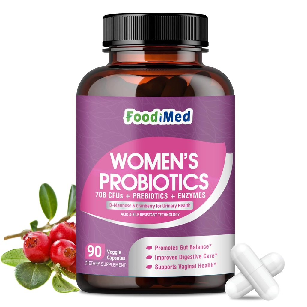 Probiotici per la salute digestiva delle donne, 70 miliardi di CFU Probiotici con enzimi digestivi & Prebiotici & Cranberry per Gut, Immune & Urinary Tract Balance, Rilascio ritardato, 90 capsule vegetali