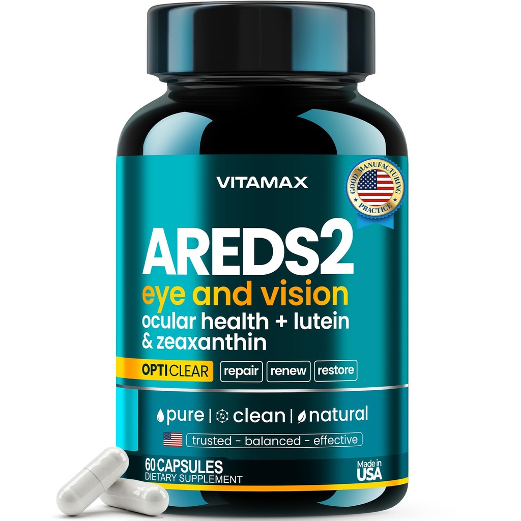 AREDS 2 Vitamine Occhiali - Lutein, Zeaxanthin, Bilberry, Astaxanthin Mineral Vision Supplement - Supporta Strain occhi, Occhi Secchi, Pressione e Salute Visione - Made in USA - 60ct