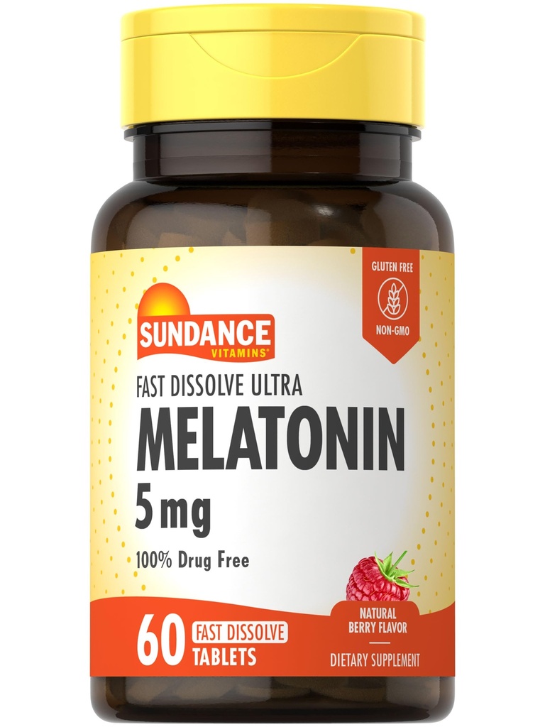 Sundance Melatonin 5mg Comprimés à dissolution rapide de 60 Comprimés Comprimés de fruits de mer naturels, sans OGM et sans gluten