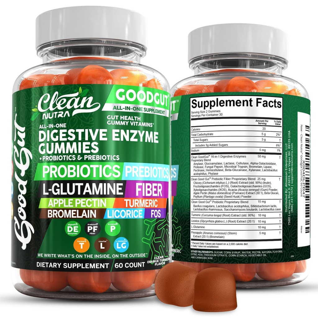 Nutraceutiques propres Enzymes digestifs avec probiotiques et prébiotiques pour la santé digestive Gummies et L-Glutamine pour la santé Gut Bromelain Pectine Inuline FOS Vitamines à base végétale Gummy
