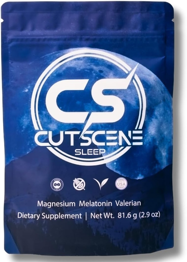 Supplément de sommeil CutScene (34 scoops) : Mélange de sommeil et de récupération avec mélatonine, racine valériane, magnésium. Sans gluten, végétalien, sans sucre.