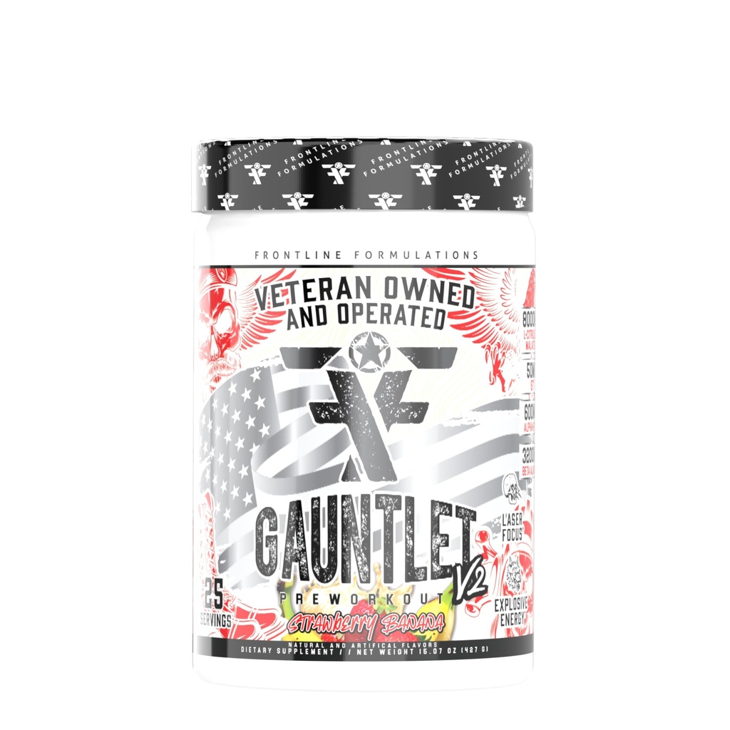 Polvere di pre-allenamento di Gauntlet, allenamenti esplosivi, messa a fuoco laser, mid Stim, aroma stupefacente, gufo di Veteran e operato, imballaggio Vary di maggio (25 Serve, banana di fragole)