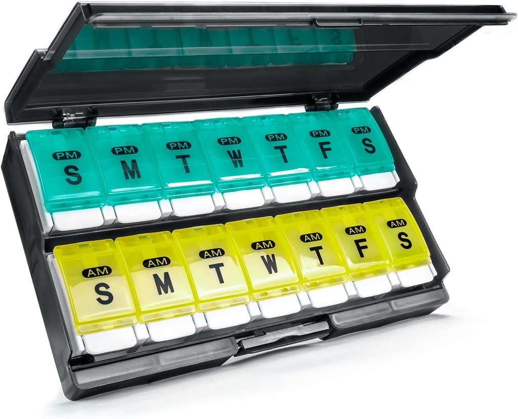 Extra Large Weekly Pill Organizer 2 volte al giorno - Remtise Am/Pm Daily Pill Case Medicine Organizer, Push Button 7 Day Pill Box per Pills/Vitamin/Cod Liver Oil/Supplements (Cyan & Yellow)