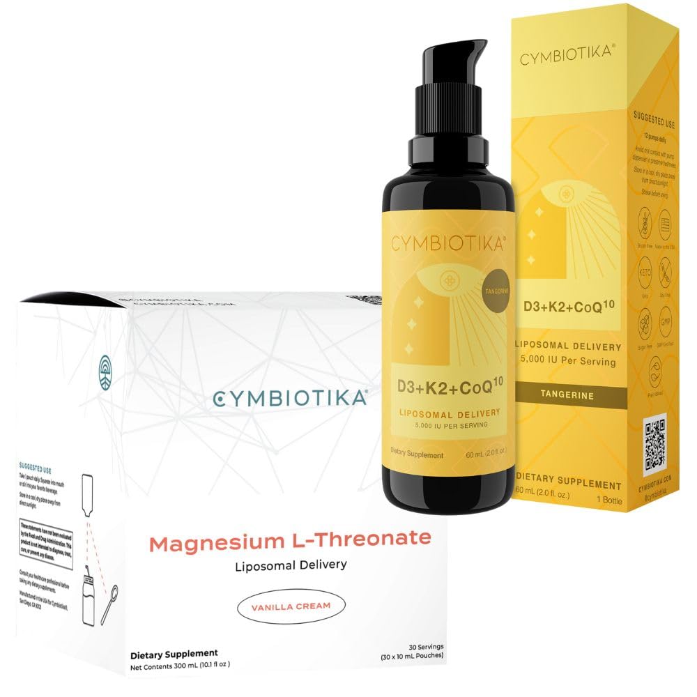 CYMBIOTIKA Liposomal Magnesium L-Threonate & Vitamin D3 + K2 + CoQ10 Bundle, Focus Memory Brain Support, Immune Support, Heart Health & Bone Health, Energy Booster, Vegan, Keto